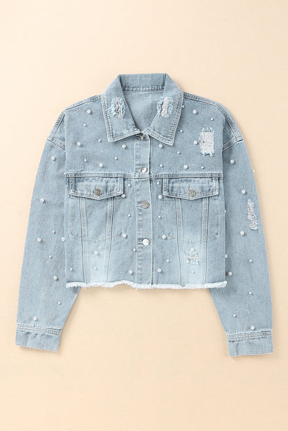 Wholesale Sky Blue Pearls Beading Cropped Denim Jacket - Eloy Royal