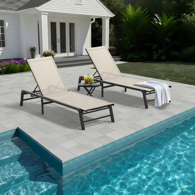 Assemble-Free Chaise Lounge Outdoor, Aluminum Outdoor Chaise Lounge Set of 2 , Patio Lounger Poolside Lay Flat Sunbathing Adjustable Backrest Pool Lounge Chair (Set of 2)