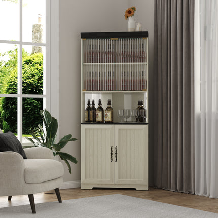 70.86'(180cm) Tall Free Standing Corner Storage Cabinet, 5 Tiers Wine Cabinet With Tempered Glass Doors, Mirrored Back, Adjustable Shelves For Living Room Kitchen, Modern Wood Display Cabinet