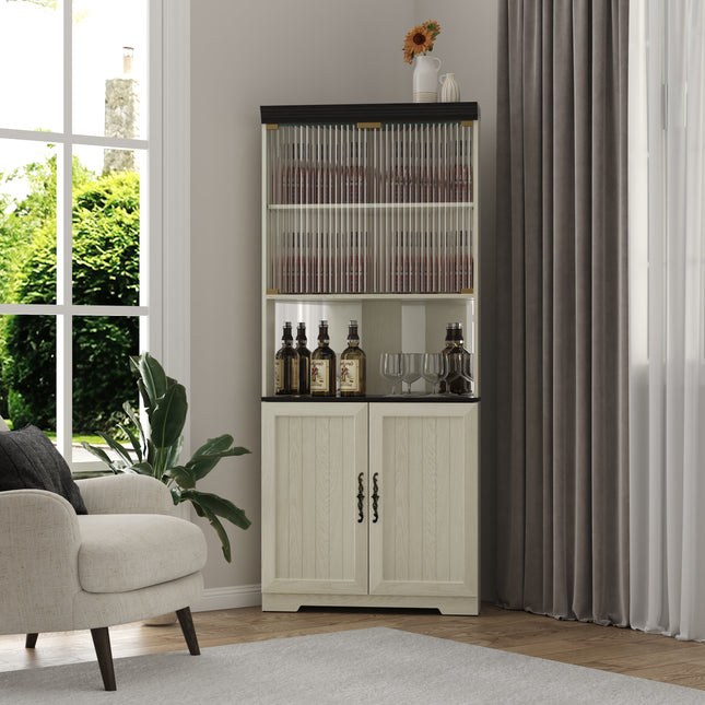 70.86'(180cm) Tall Free Standing Corner Storage Cabinet, 5 Tiers Wine Cabinet With Tempered Glass Doors, Mirrored Back, Adjustable Shelves For Living Room Kitchen, Modern Wood Display Cabinet