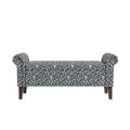 Wallen Traditional Rolled Arm Storage Bench Ottoman with Pewter Nailhead Trim in Black Curly Vine Pattern with Dark Brown Solid Wood Legs