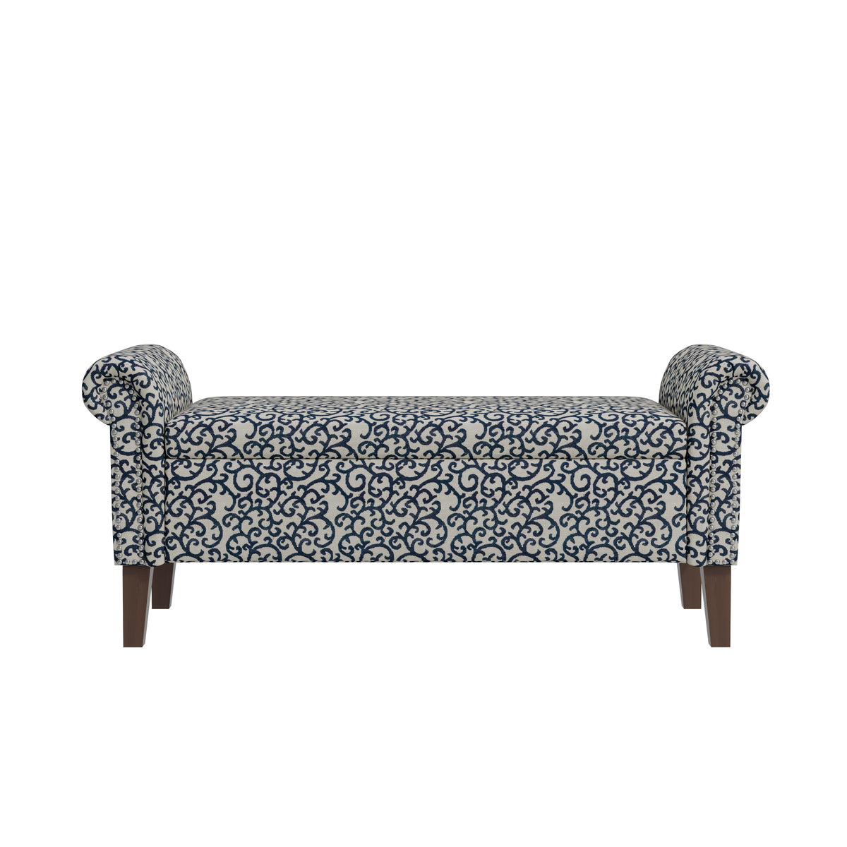 Wallen Traditional Rolled Arm Storage Bench Ottoman with Pewter Nailhead Trim in Black Curly Vine Pattern with Dark Brown Solid Wood Legs