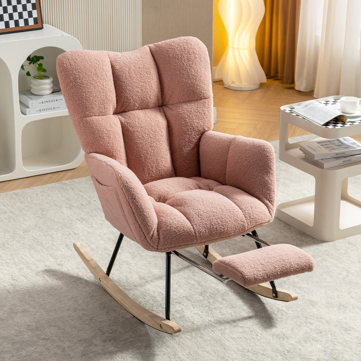 067-Teddy Fabric Leisure Rocking Chair With Adjustable Footstool,Nursery Rocking Chair, High Backrest, Storage Pocket On The Right Side,The Base Rocker Is Solid Wood And Metal,Pink