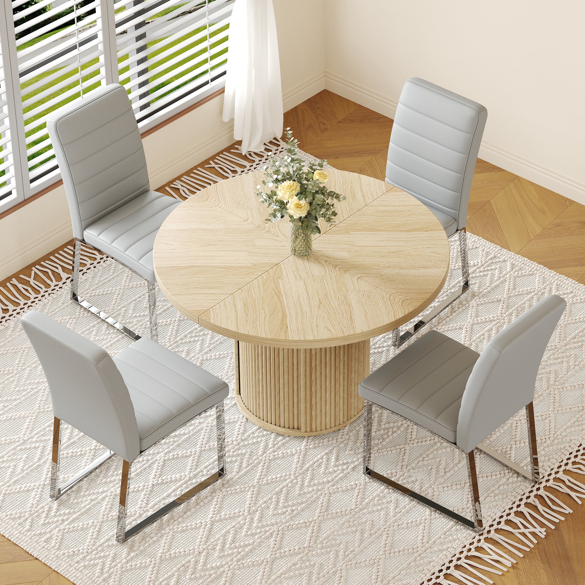 4piece PU Padded Dining Chair Set with 47.2 in Round Roman Column Table, Storage Included, Suitable for Restaurants/Wooden color