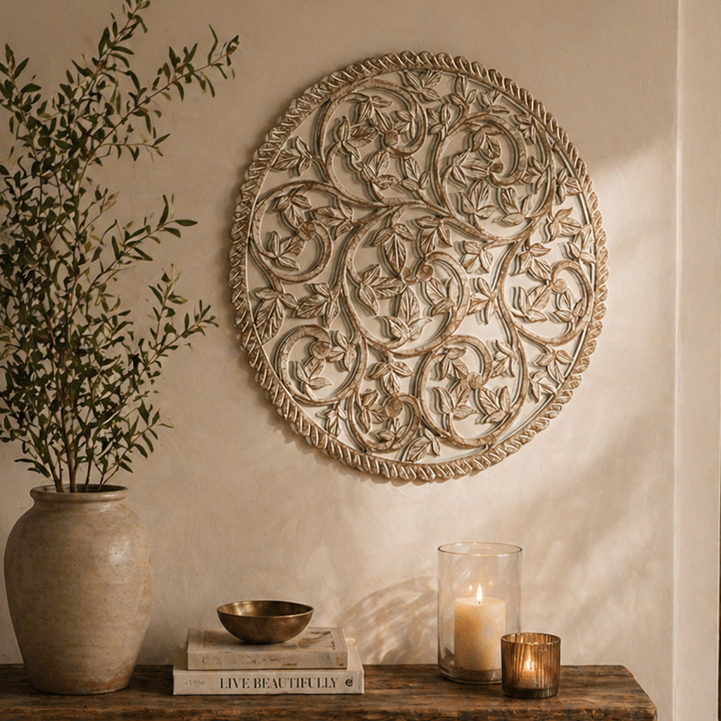36 inch Round Wooden Handcrafted Wall Panel with Mirror Decorative Carved Wood Wall Art Floral Scroll Design Wall Décor for Living Room, Bedroom & Entryway