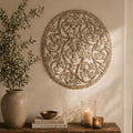 36 inch Round Wooden Handcrafted Wall Panel with Mirror Decorative Carved Wood Wall Art Floral Scroll Design Wall Décor for Living Room, Bedroom & Entryway
