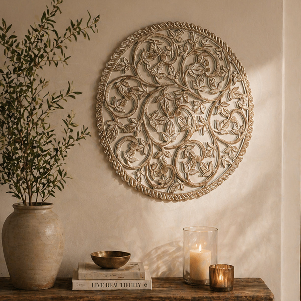36 inch Round Wooden Handcrafted Wall Panel with Mirror Decorative Carved Wood Wall Art Floral Scroll Design Wall Décor for Living Room, Bedroom & Entryway