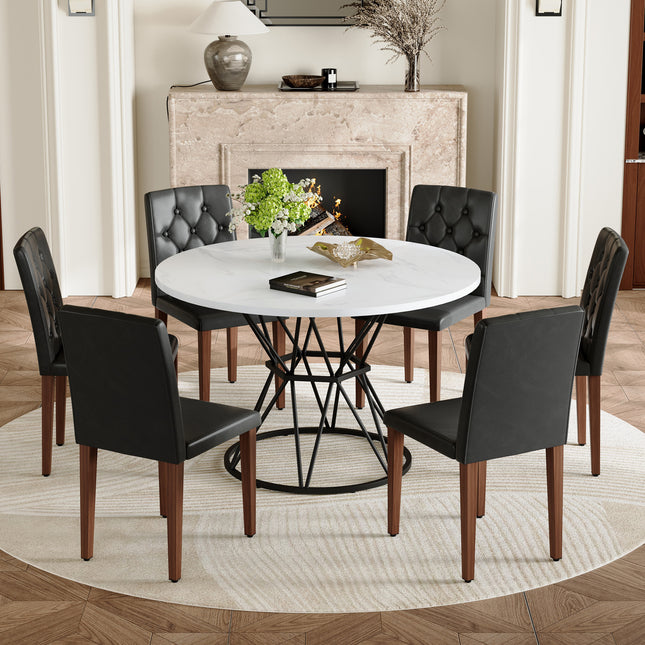Table and chair set. A circular white MDF dining table with a diameter of 47.3 inches,black hourglass shaped metal brackets.Paired with 6 Black PU chairs with decorative buckle design on the backrest.