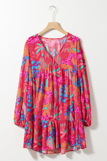 Rose V Neck Bubble Sleeve Boho Flower Flowy Dress - Eloy Royal