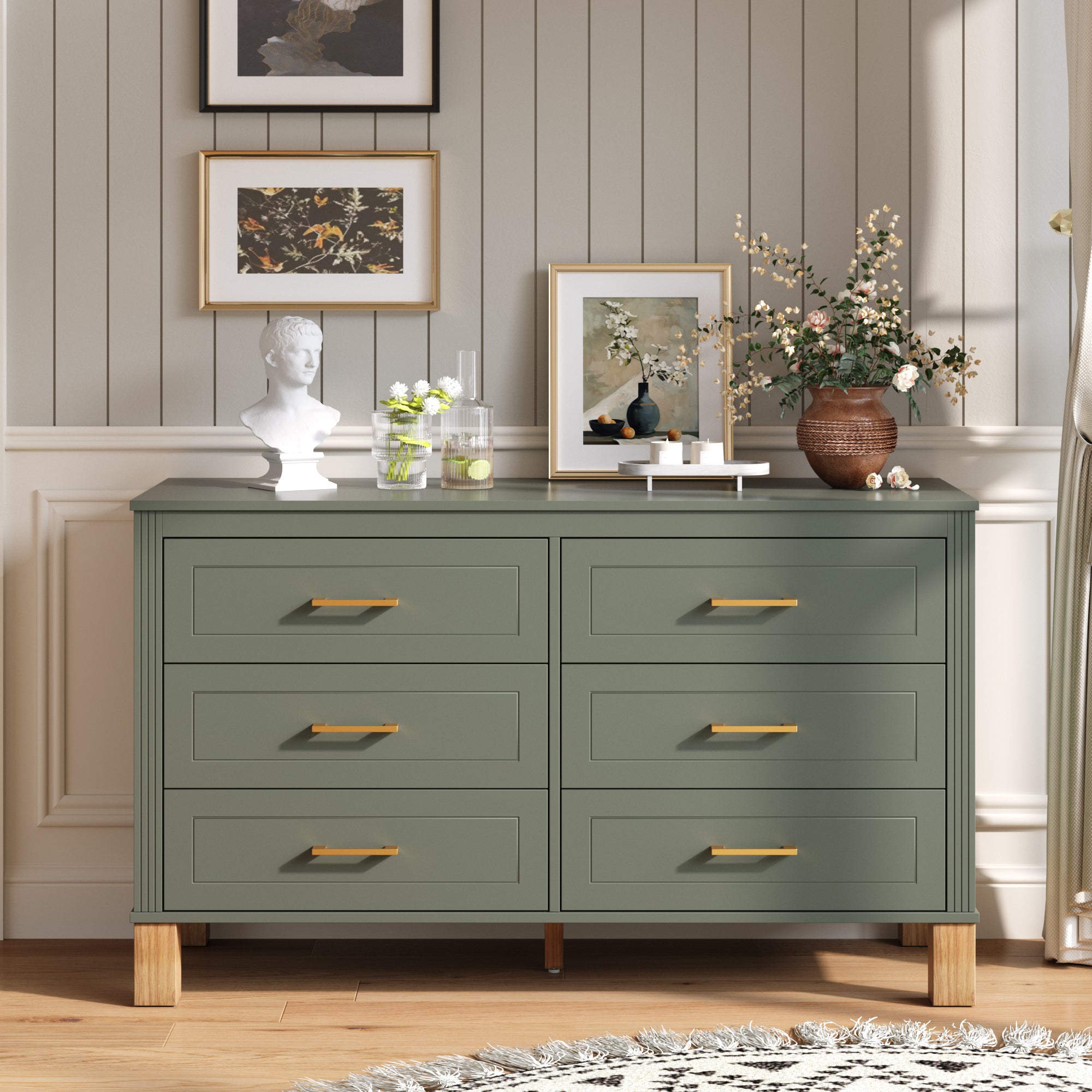 6-Drawer Double Dresser in Olive, Modern Storage Cabinet with Metal Handles & Solid Wood Legs, Dresser Drawer Organizer for Kids Bedroom, Heavy-Duty Wooden Dresser with Pre-Installed