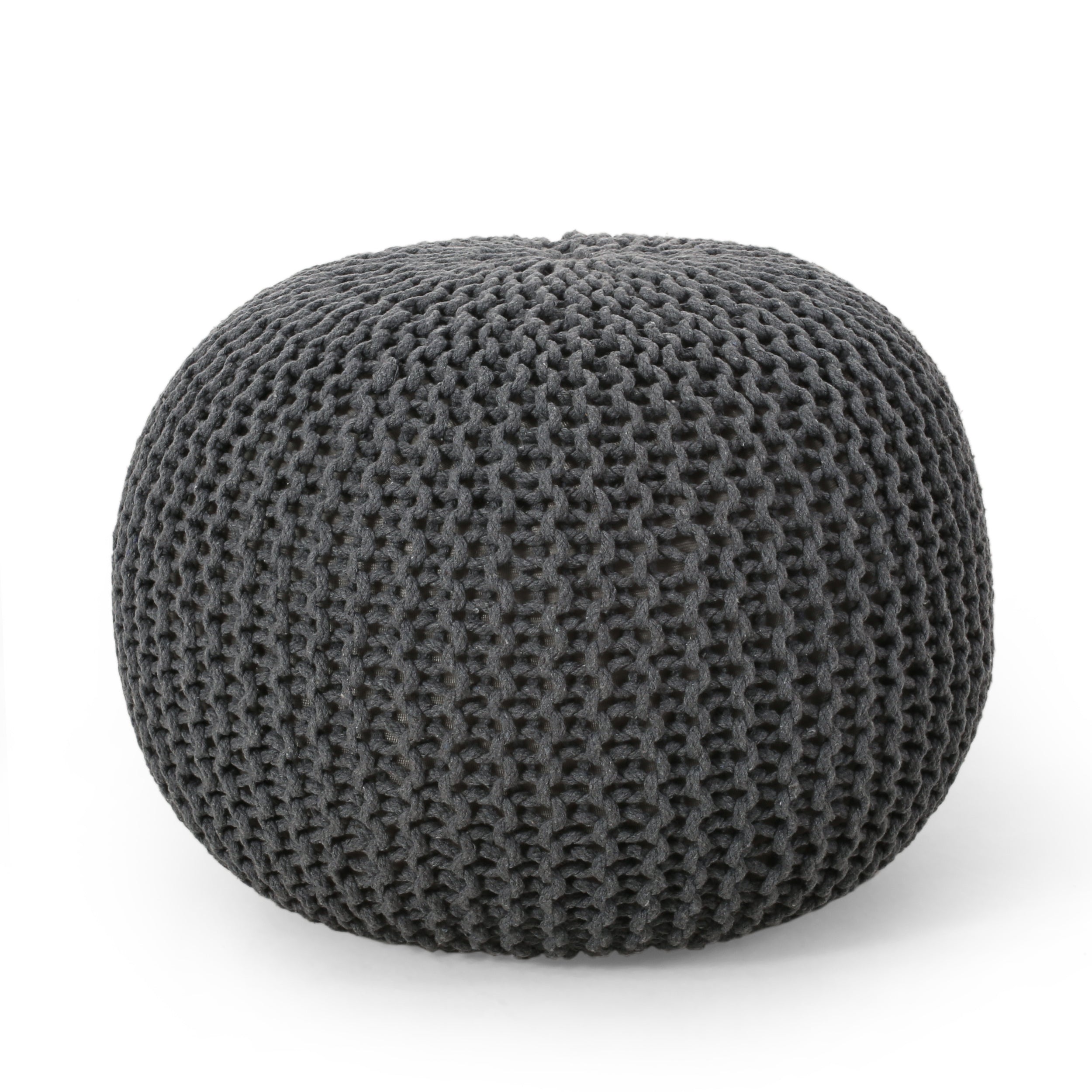 Bordeaux Knitted Cotton Round Pouf Ottoman, Gray, 20x20x13 inches