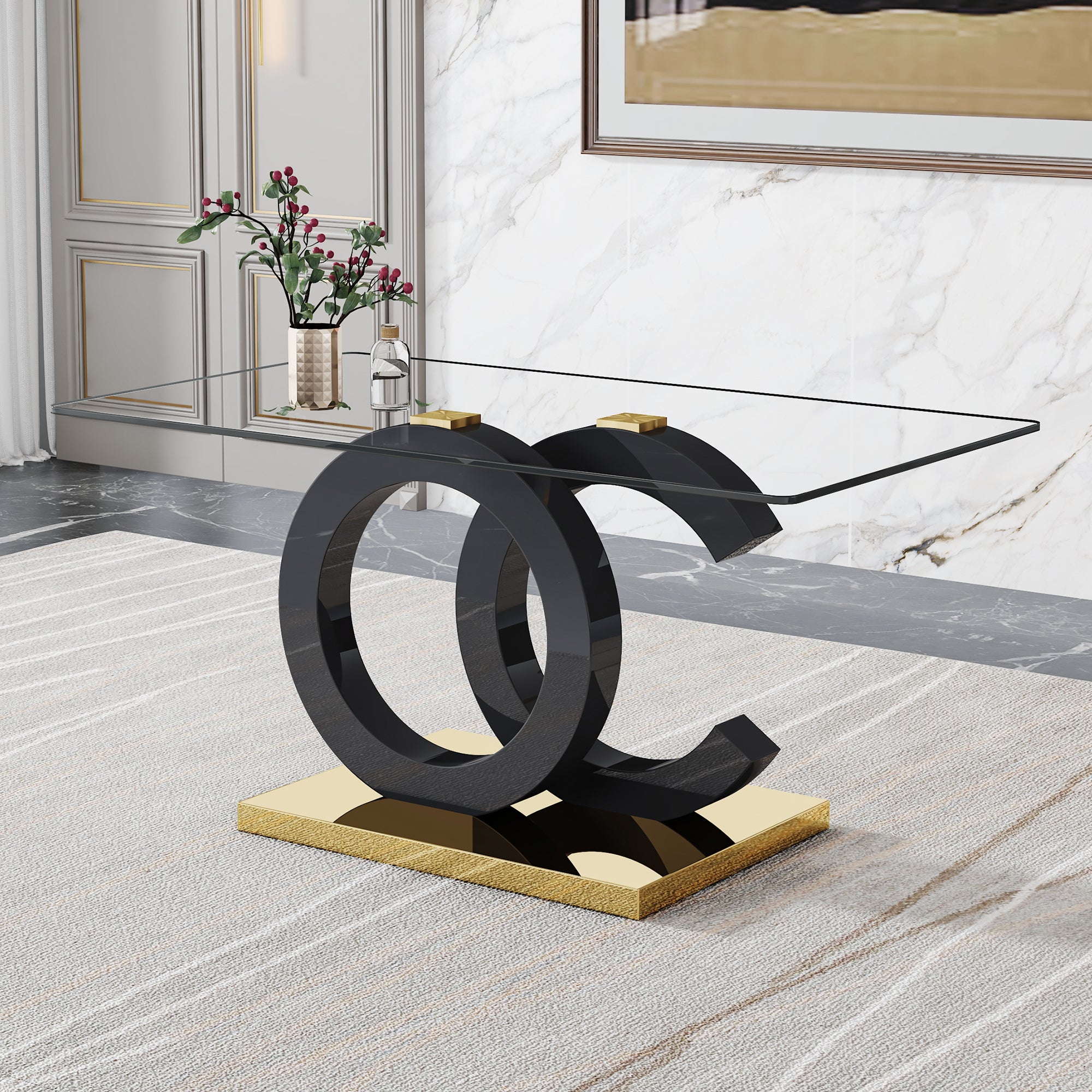 Large modern minimalist rectangular glass dining table,suitable for 6-8 people,equipped with 0.39 'tempered glass tabletop, black MDF OC shaped bracket and metal base,suitable for kitchen.W1151S01356