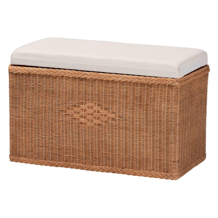 Braided Natural Rattan Storage Bench with Cushioned Lift-Top Lid - Coastal Boho Style Chest for Bedroom, Entryway, or Living Room Organization, 31' Rectangle, Brown