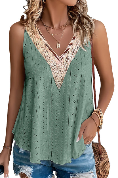 White Lace Crochet Splicing Eyelet V Neck Tank Top - Eloy Royal