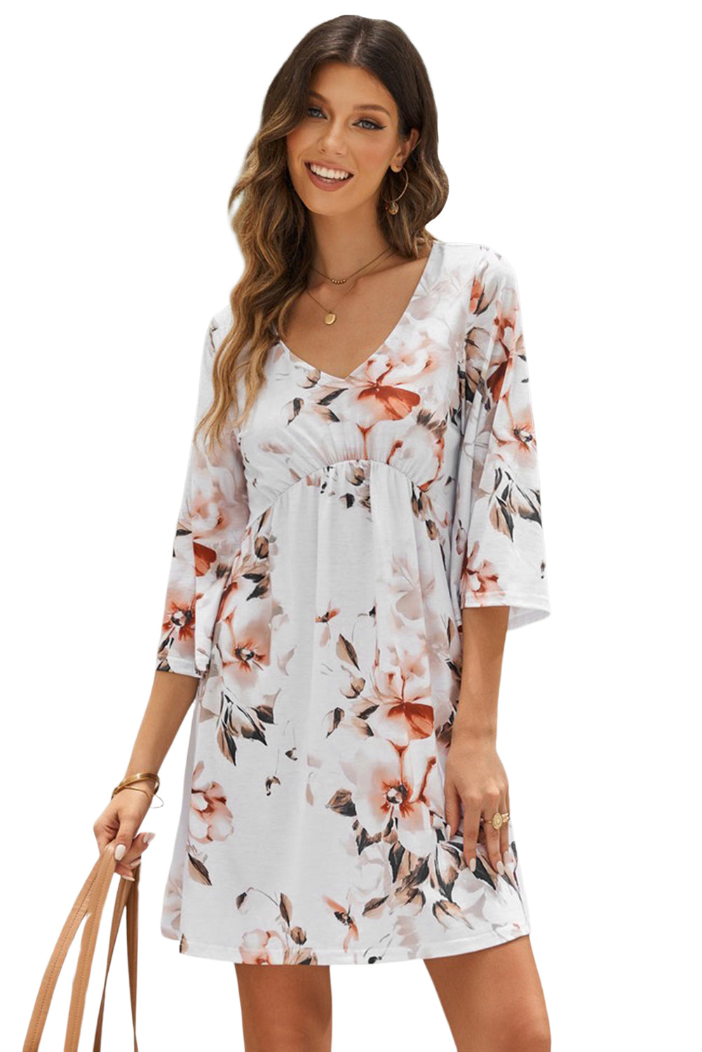 White Floral Print V Neck Flutter Half Sleeve Empire Waist Dress - Eloy Royal