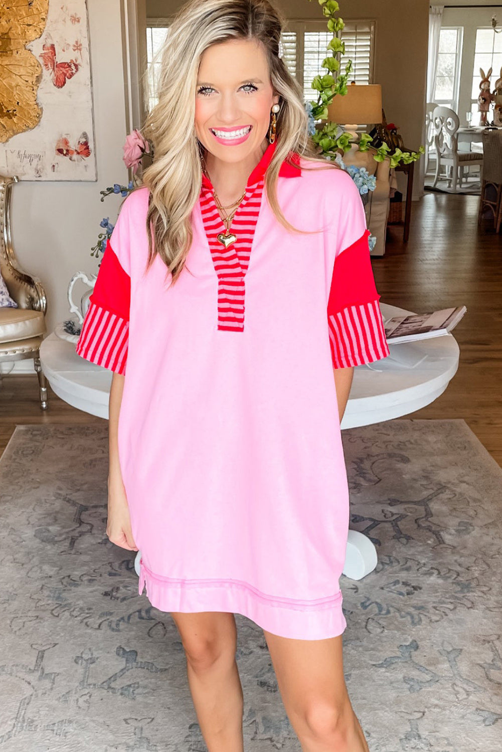 Pink Stripe Colorblock Sleeve Collared Mini Dress - Eloy Royal