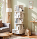 Rotating Bookshelf with Drawer, 360 Display 5 Tier Corner Bookshelf for Small Space, Floor Standing Bookcase Storage Rack, Wood Narrow Organizer for Bedroom, Living Room (WHITE)