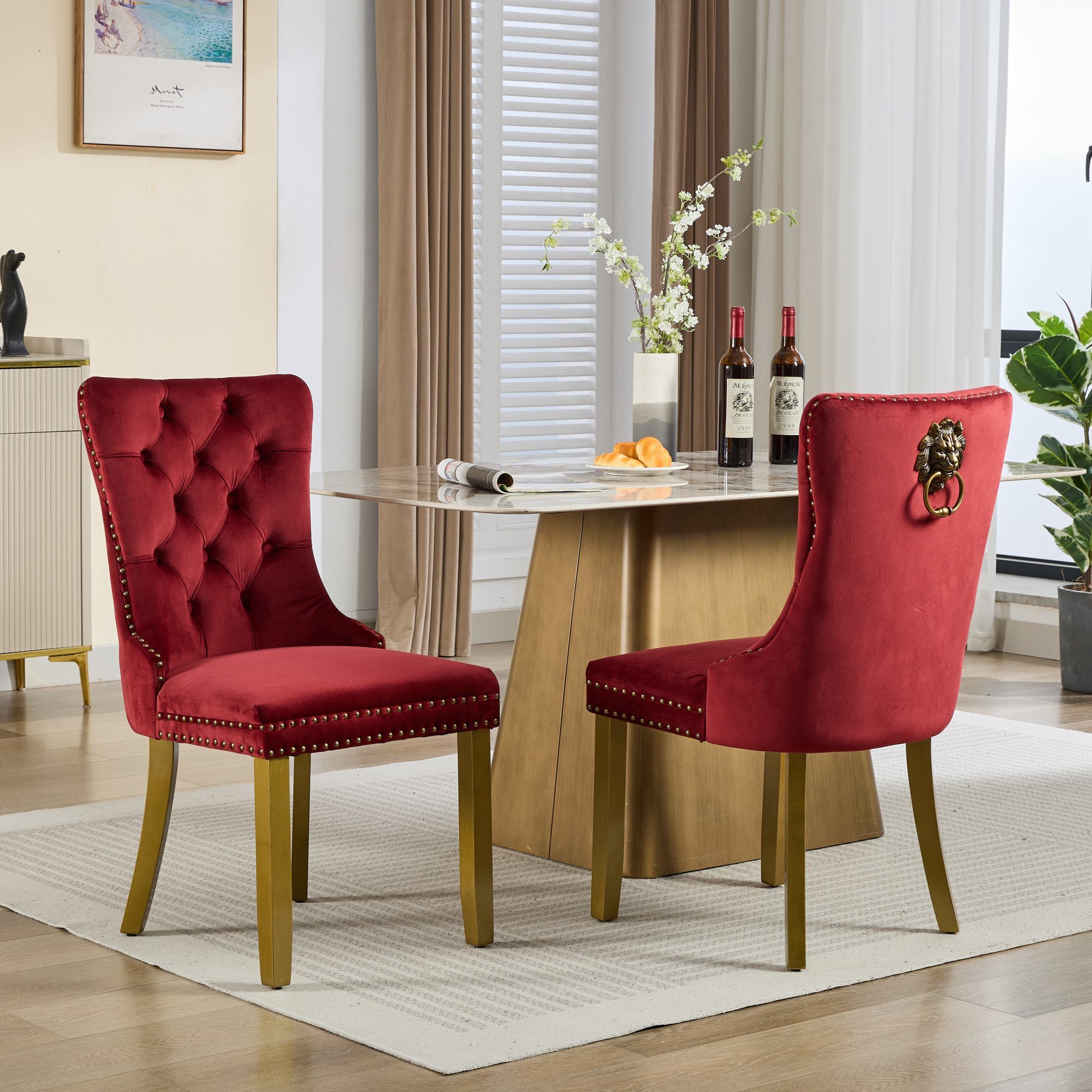 Mid-Century Modern Chairs with Lion Head Pull Ring,High-end Tufted Solid Wood Contemporary Velvet Upholstered Dining Chair with Golden Wooden Legs Nailhead Trim 2-Pcs Set,Wine Red,SW1201WR