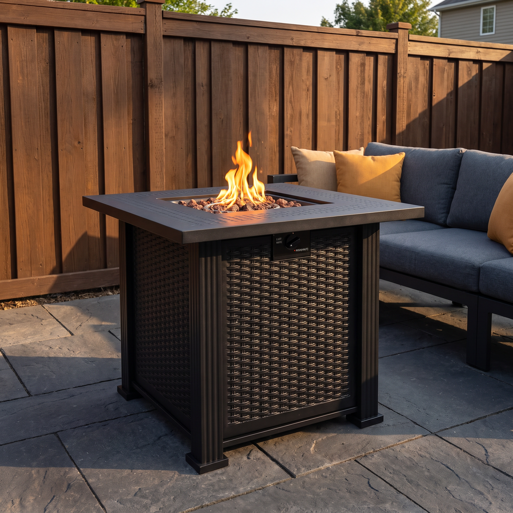 27.95' Modern Outdoor Fire Pit Table with Lava Rocks, Propane Fire Pit, Black Steel