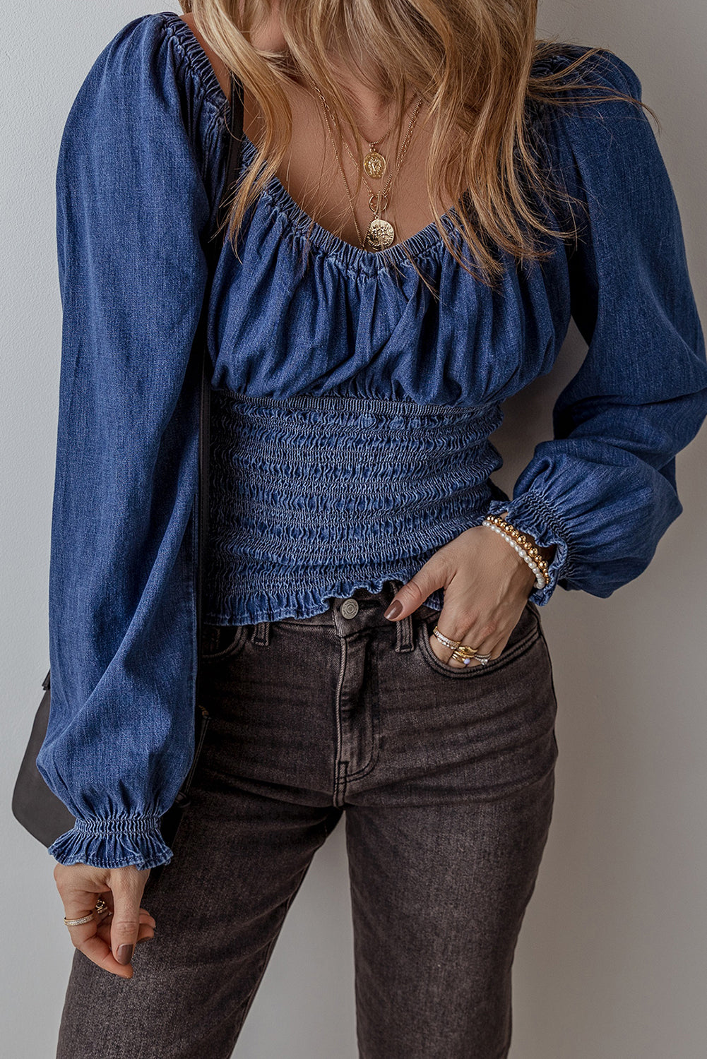 Dark Blue Smocked Ruffle Puff Sleeve V Neck Denim Top