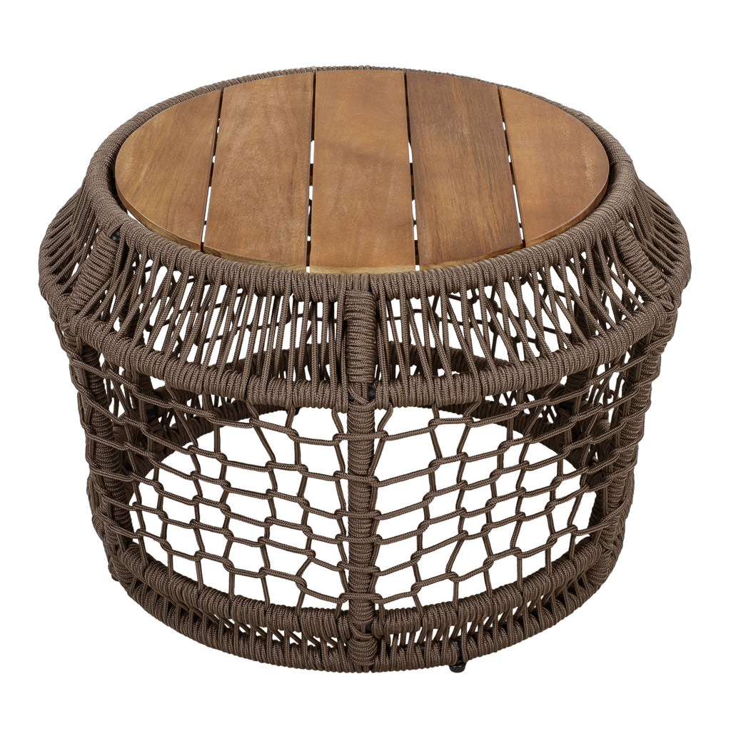 Modern Bohemian Acacia Wood Side Table with Grey Woven Rope Frame, Teak Finish Top, 150 lbs Capacity, Weather-Resistant for Patio or Living Room