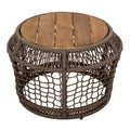 Modern Bohemian Acacia Wood Side Table with Grey Woven Rope Frame, Teak Finish Top, 150 lbs Capacity, Weather-Resistant for Patio or Living Room