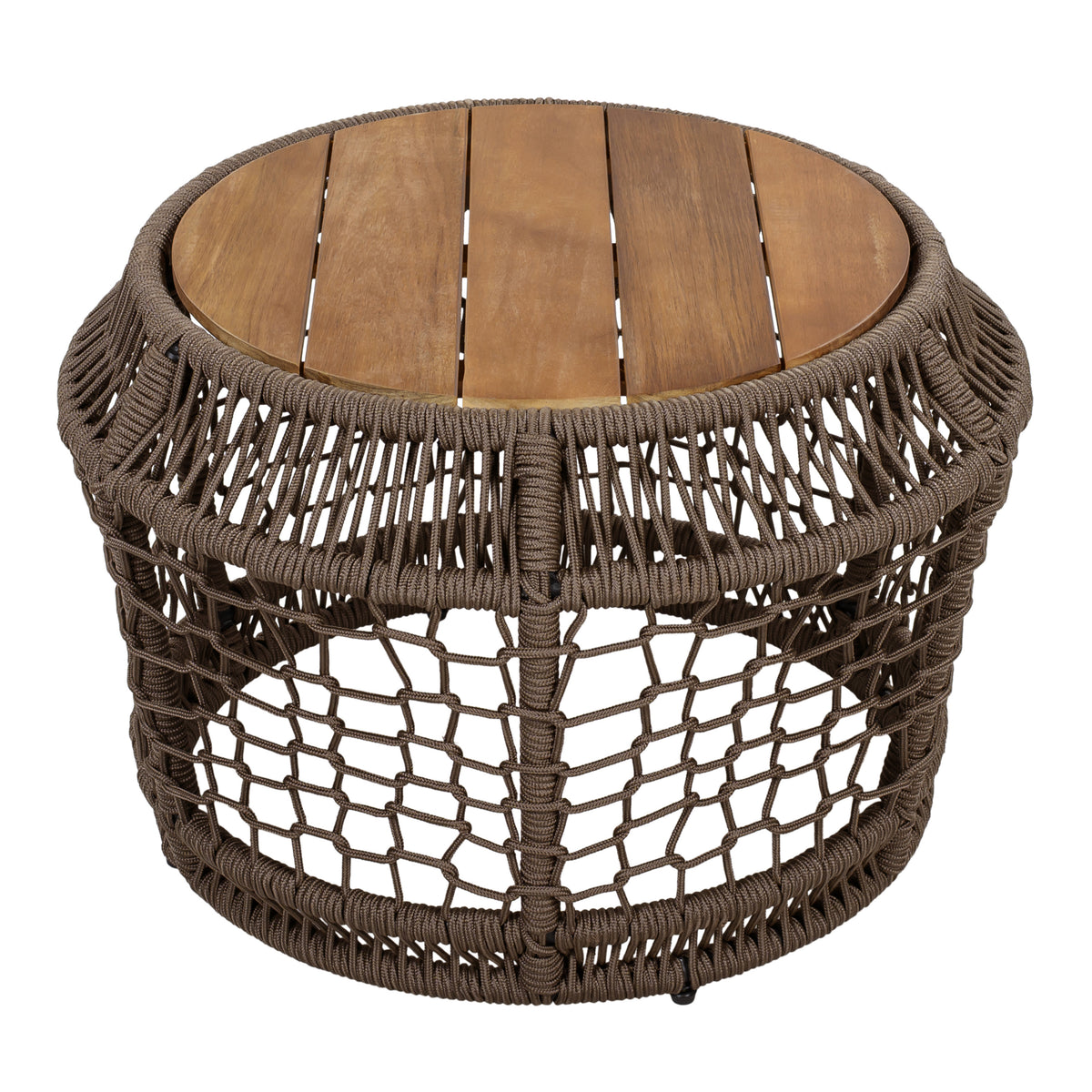 Modern Bohemian Acacia Wood Side Table with Grey Woven Rope Frame, Teak Finish Top, 150 lbs Capacity, Weather-Resistant for Patio or Living Room