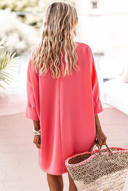 Strawberry Pink Solid Color V Neck 3/4 Sleeve Dress - Eloy Royal