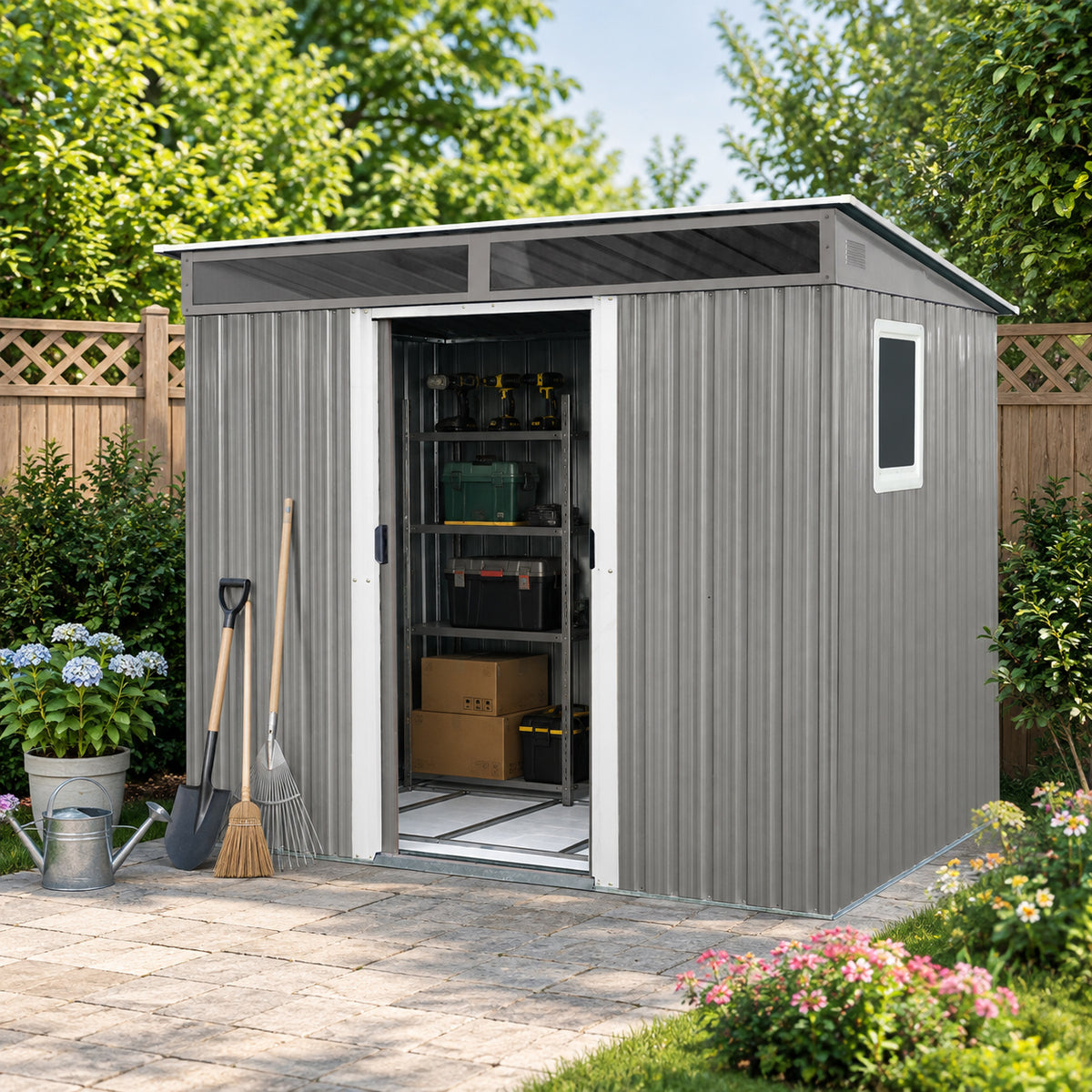 8 ft x 6 ft Outdoor Metal Storage Shed with Window,Transparent plate and lockable sliding door for Garden, Lawn (Gray) (W540P185320)