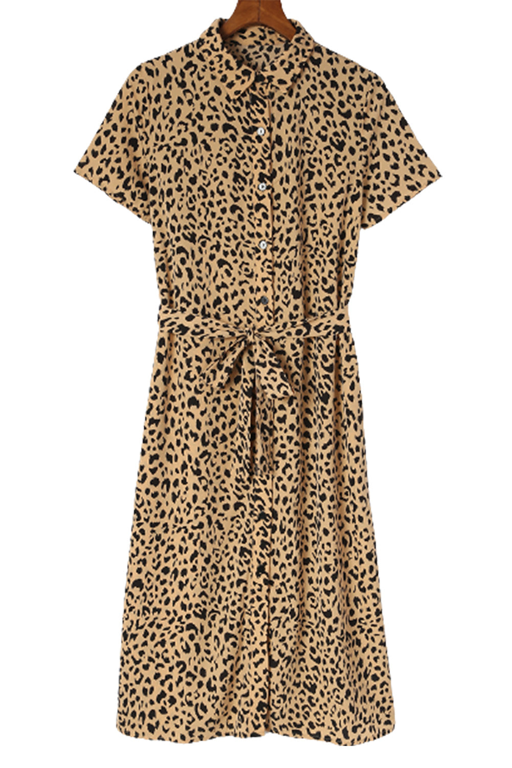 Khaki Leopard Print Waist Belted Button Up Shirt Dress - Eloy Royal