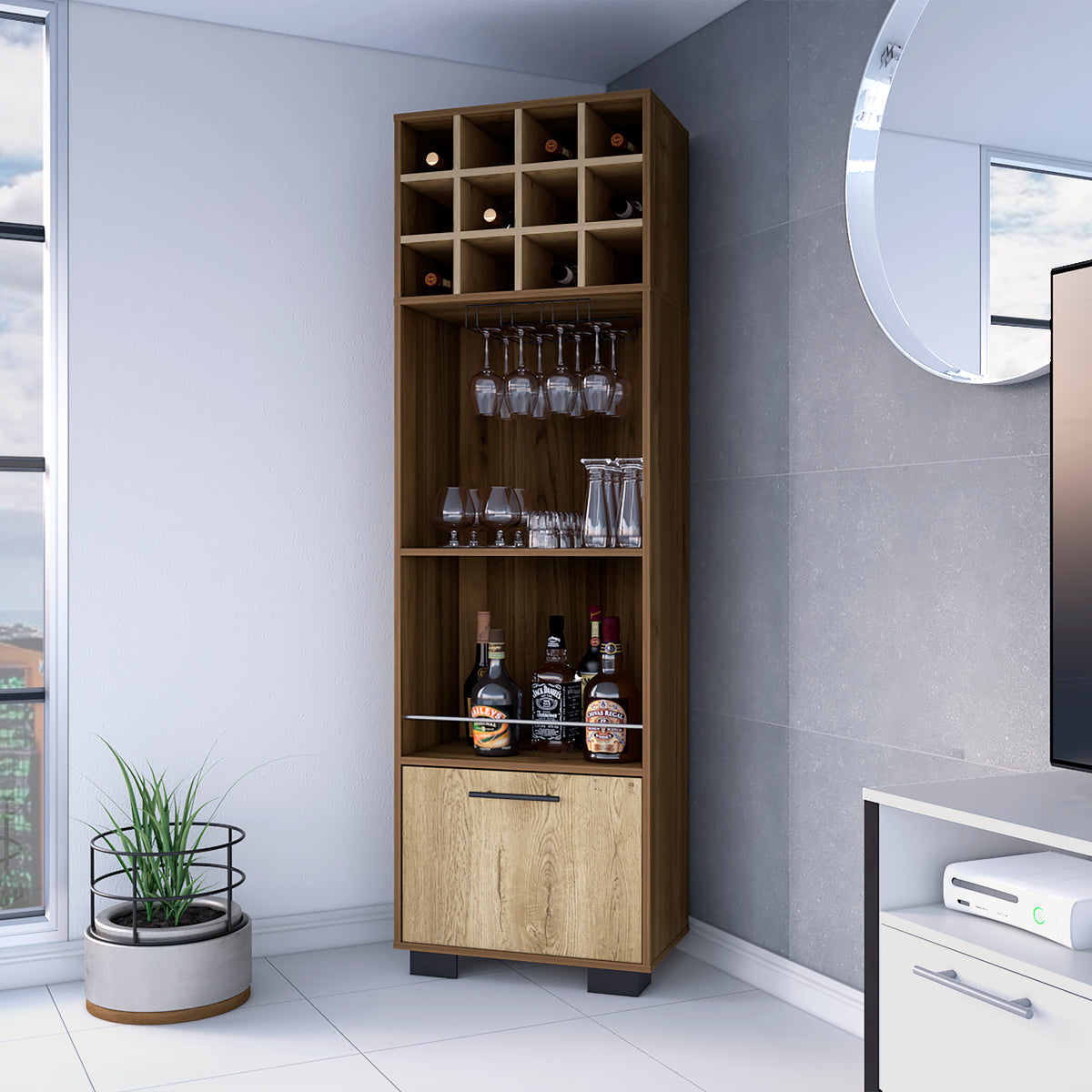 Aubree Corner Bar Cabinet, Twelve Built-in Wine Rack, Two Shelves, Lower Cabinet