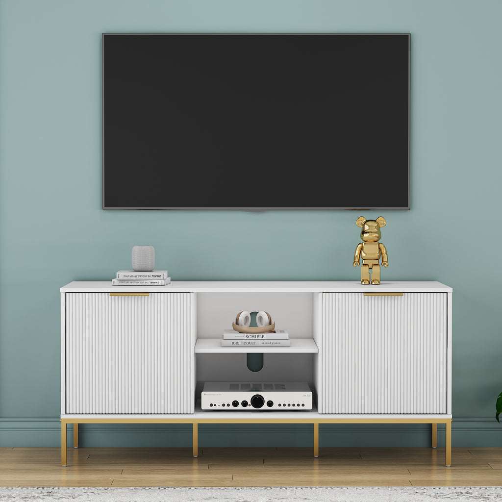 Modern TV Stand with Wave-Design Doors, Open Shelf & Adjustable Shelf - Stylish and Functional for Your Living Room