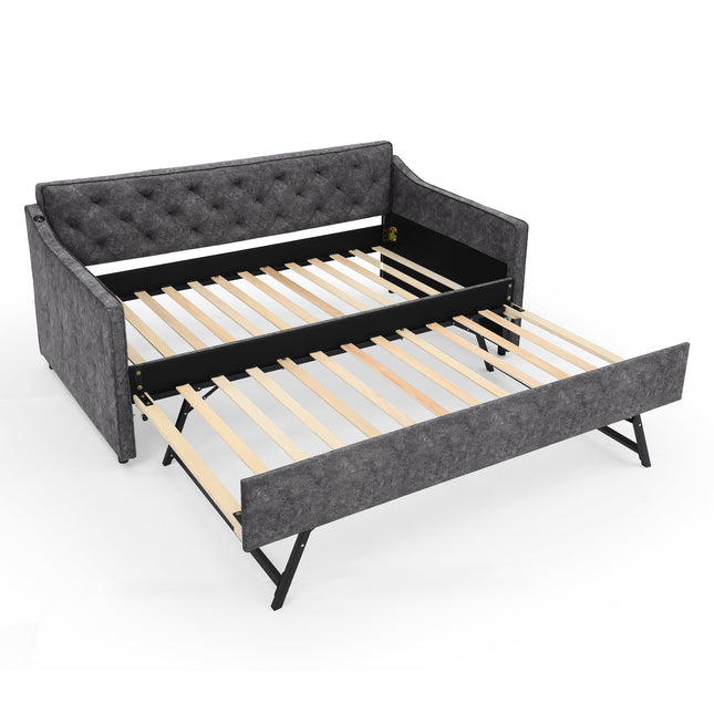 Grey Velvet Mid-Century Style Twin Upholstered Daybed with Pop-Up Trundle and USB Charging Armrest