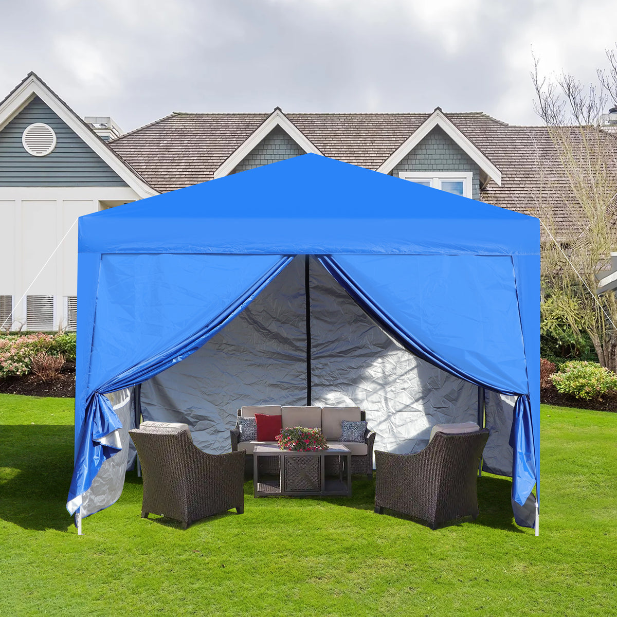 Outdoor 10x 10Ft Pop Up Gazebo Canopy  Tent Removable Sidewall with Zipper,2pcs Sidewall with Windows,with 4pcs Weight sand bag,with Carry Bag-Blue