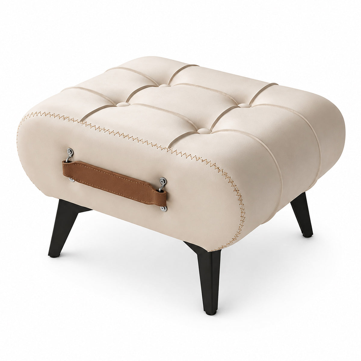 Modern Minimalist Square Footstool with Hidden Storage, Portable Handles & Metal Legs in White Leather, 15.7 x 12.2 x 10.6 inches