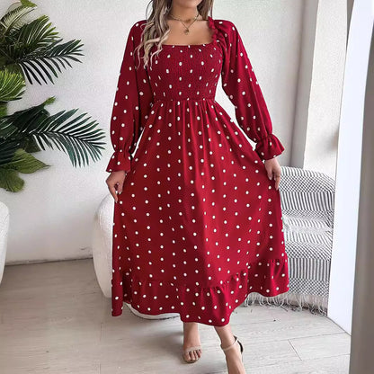 Casual Square Collar Polka Dot Swing Dress With Wooden Ears