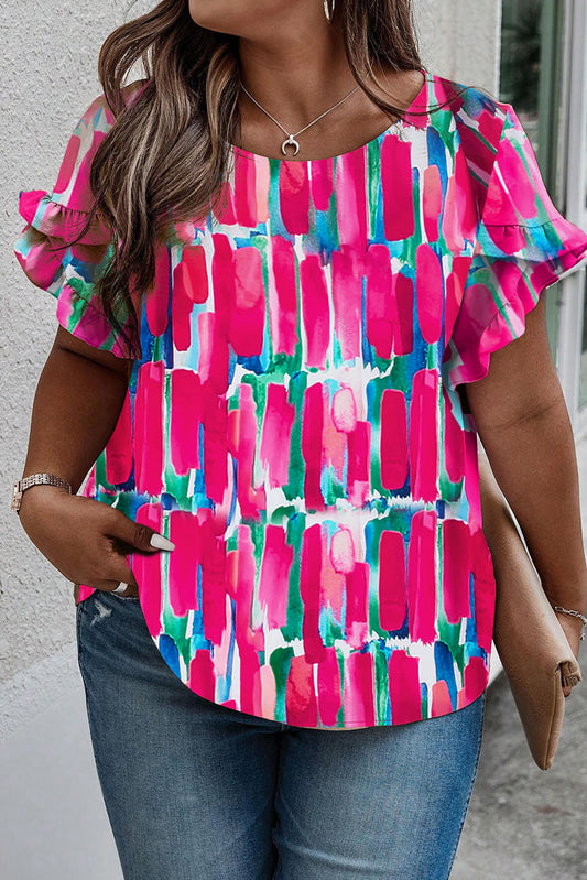 Rose Plus Size Abstract Print Ruffled Petal Sleeve Blouse - Eloy Royal