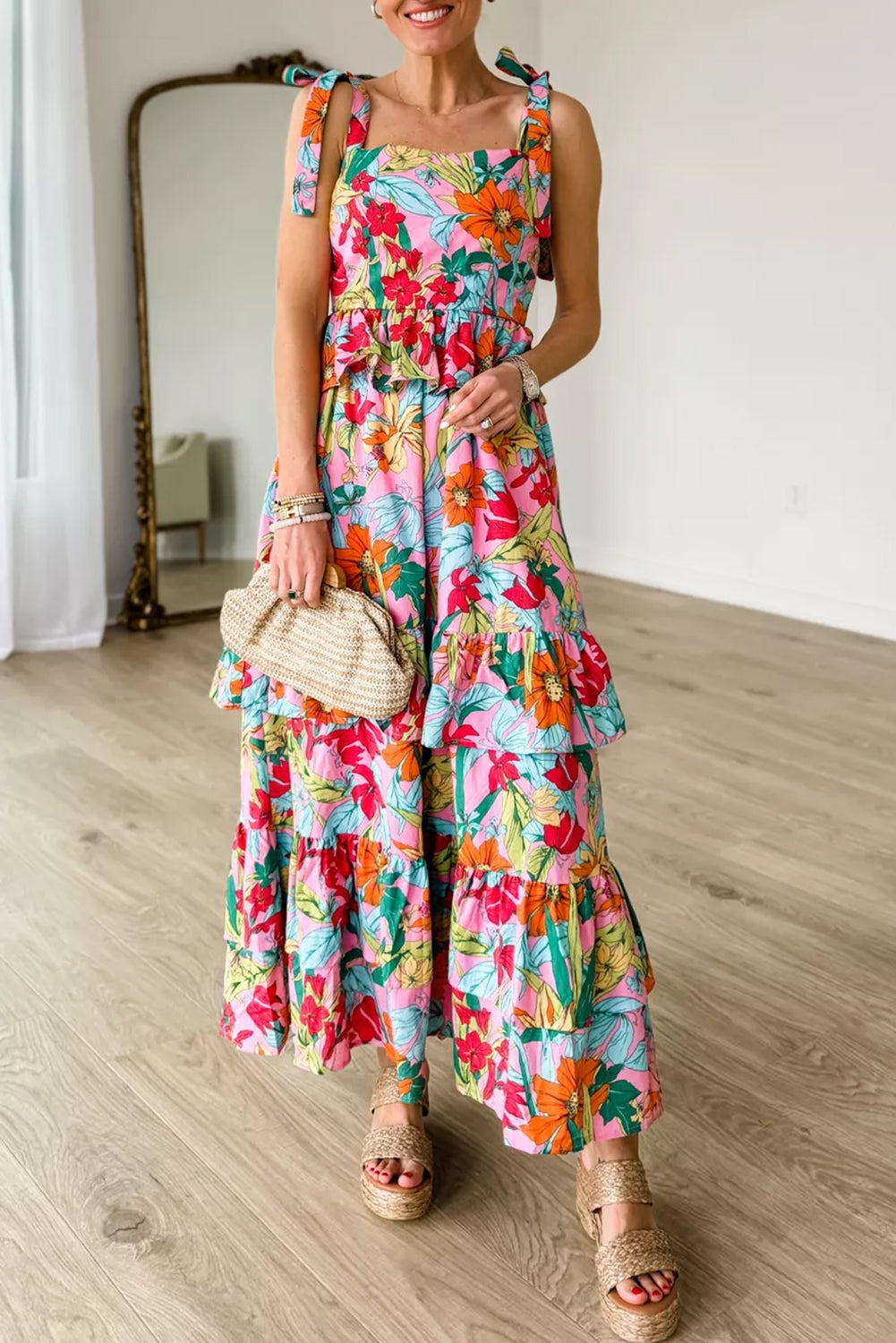 Multicolour Boho Floral Print Knot Strap Ruffle Layered Maxi Dress - Eloy Royal