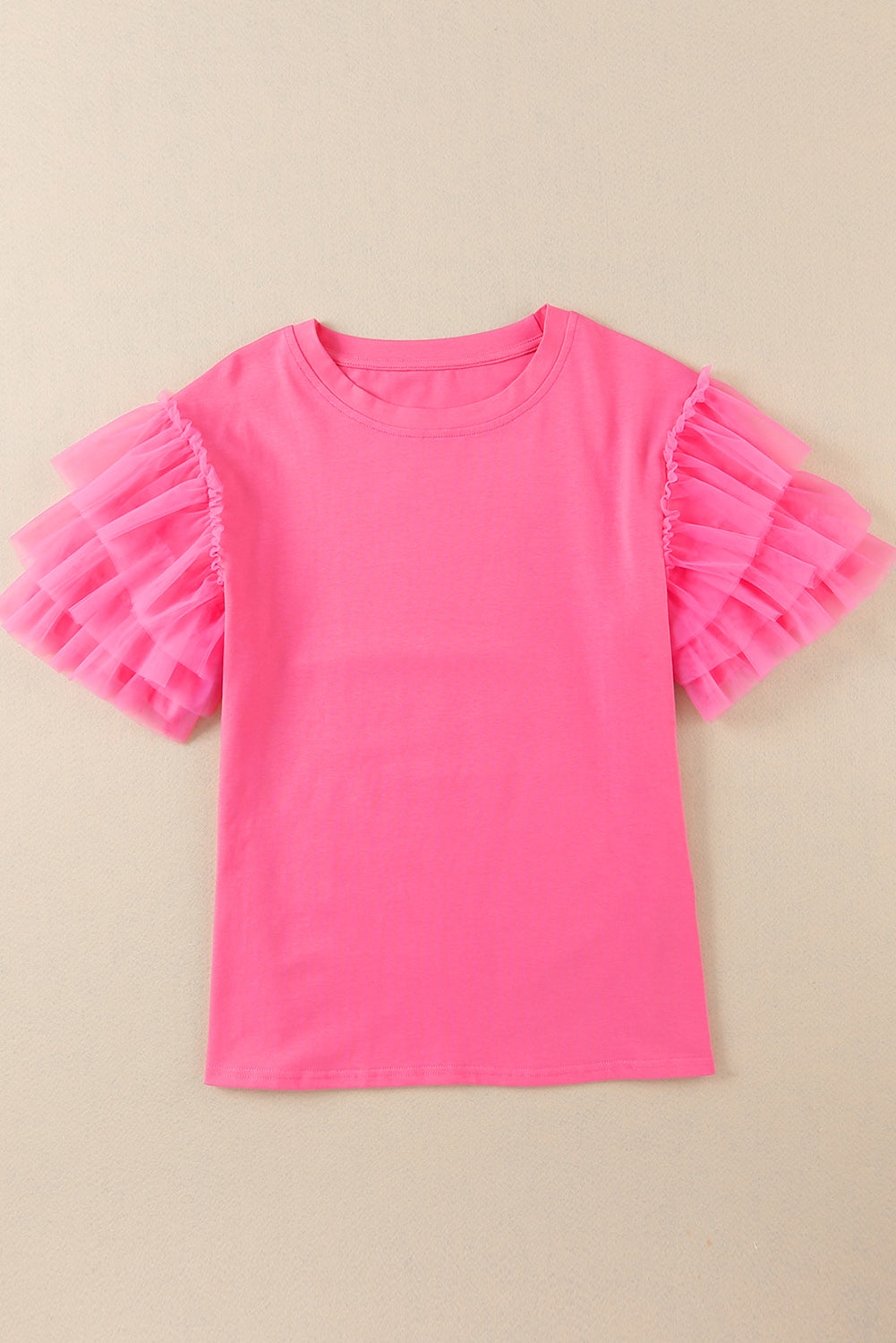 Pink Plain Round Neck Tulle Ruffle Sleeve Blouse - Eloy Royal