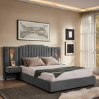 Queen Size Upholstered Bed Frame with Velvet Fabric, Vertical Stripe Design with Buttons Around King Size Platform Bed with Headboard, Solid Frame & Bedside Table - No Box Spring Needed-Gray