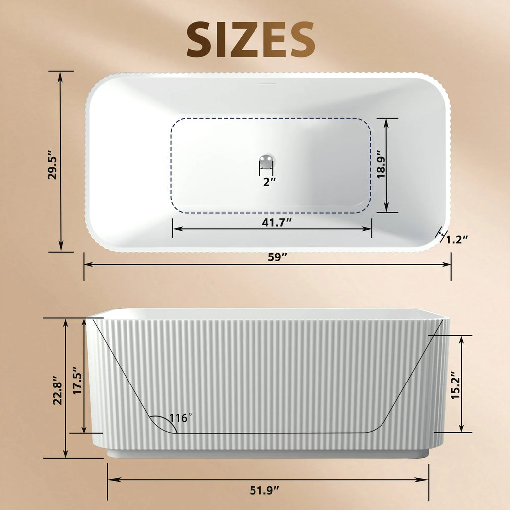 59'Rectangle Linear Acrylic Freestanding Bathtub Stand Alone Soaker Tub, Glossy White Acrylic, POP-UP Chrome Drain, cUPC Certified, - Eloy Royal