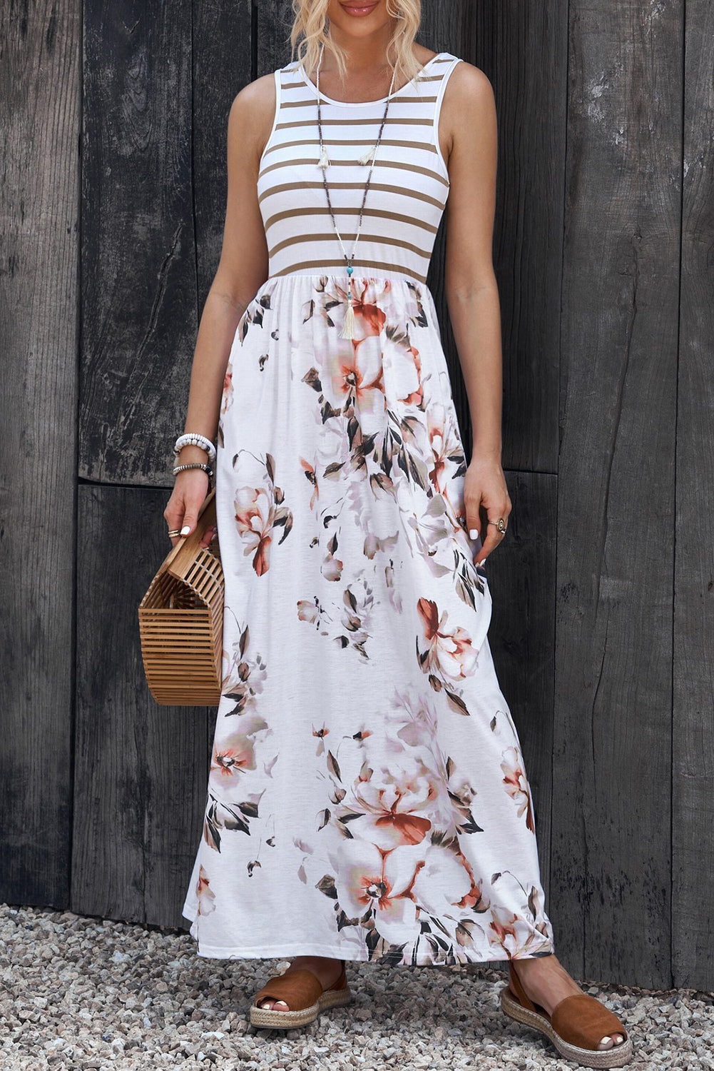 White Boho Stripes & Floral Print Floor Length Tank Dress - Eloy Royal