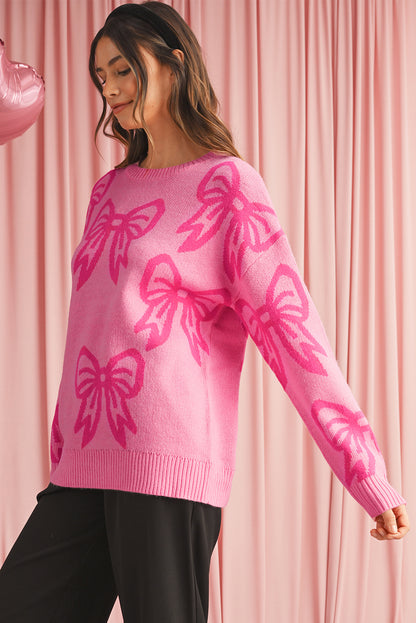 Pink Bow Pattern Drop Sleeve Loose Sweater