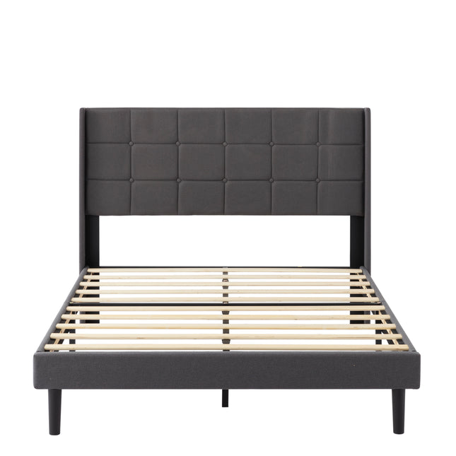 FULL Size Platform Bed Frame, Upholstered Tufted Headboard with Solid Wood Slat Support, Dark Gray