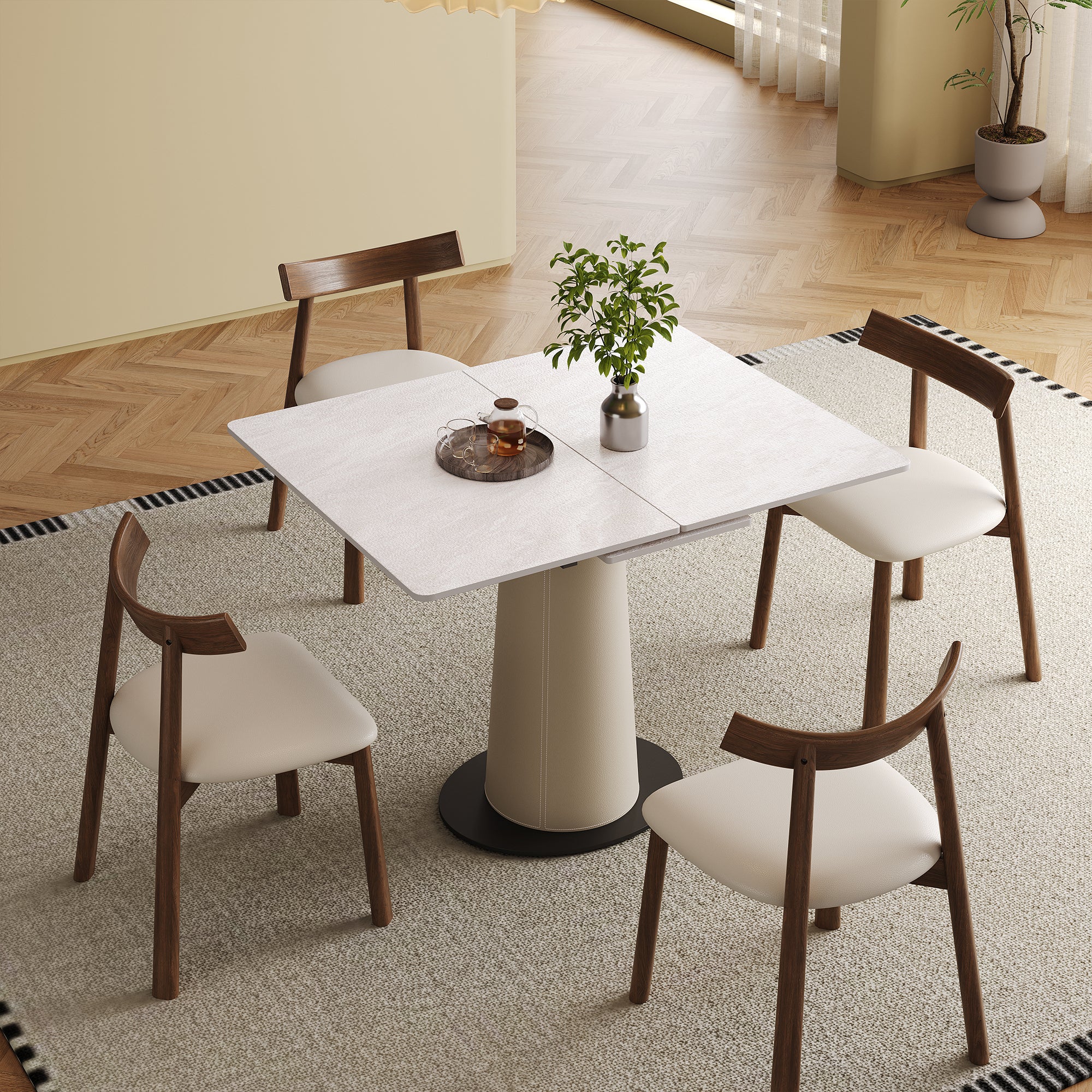 Retractable Rock Slab Dining Table Set, Modern 5-Piece Expandable Table with 4 Wooden Leg Chairs & Leather-Wrapped Base, Space Saving Kitchen Set for Small Apartments