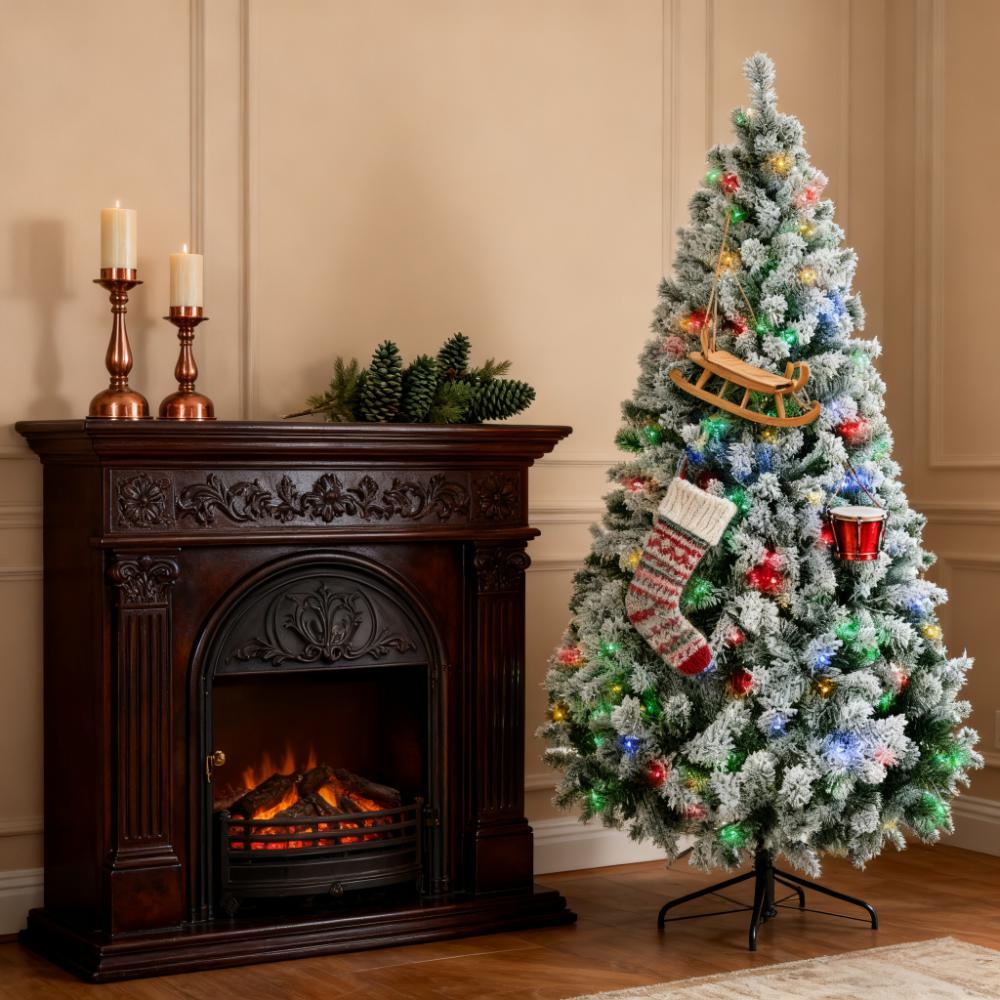 Christmas Trees,Artificial Snow Christmas Trees with Frosted Branches, Warm White or Colorful LED Lights, Steel Base