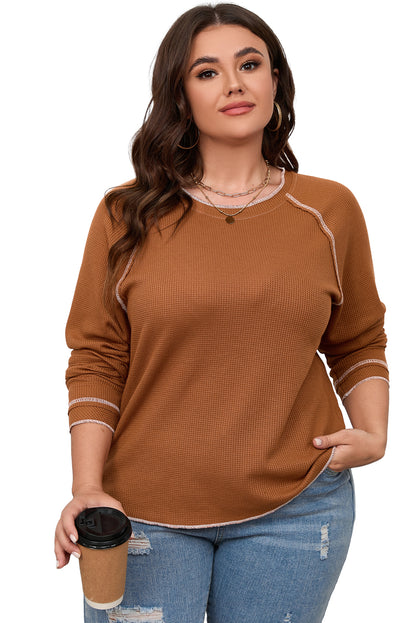 Chestnut Exposed Seam Detail Plus Size Textured Top - Eloy Royal