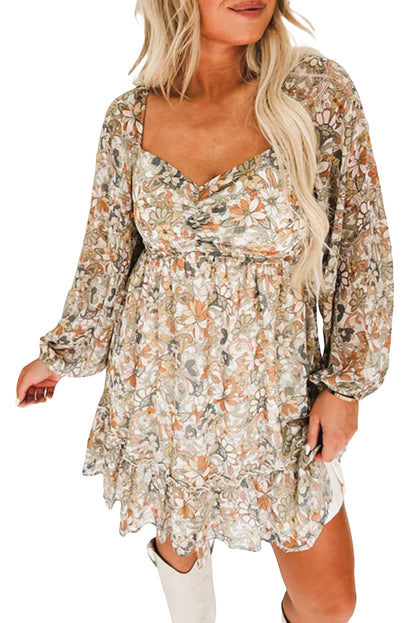 Floral Print Boho Ruched Sweetheart Neck Frilled Dress - Eloy Royal