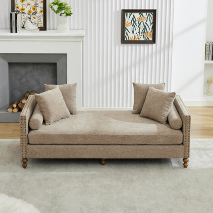 75.2'' Wide Upholstered Chaise Lounge Indoor with Nailheads,Sleeper Sofa Couch With 4 Throw Pillows&2 Bolsters,Daybed with Rubberwood Legs For Living Room,Bedroom, Apartment,Guestroom,Taupe Chenille