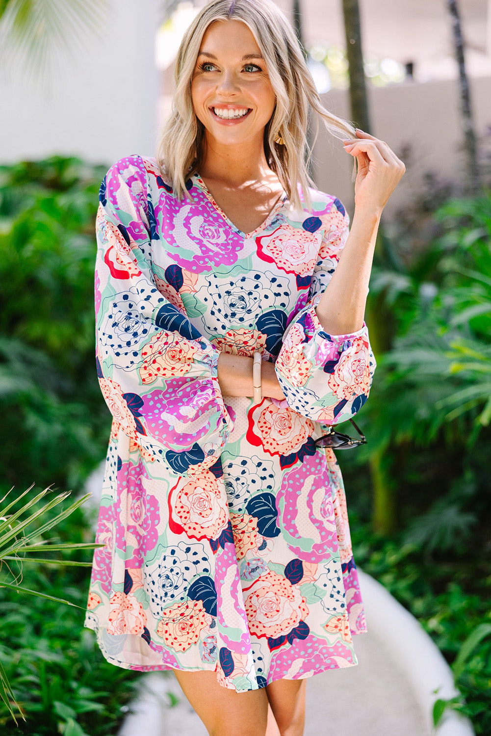 Multicolor Floral Print V Neck Bohemian Tunic Dress - Eloy Royal